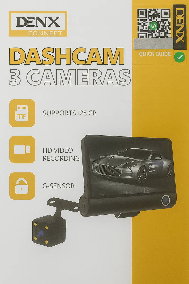 DENX WiFi 3-Channel Dashcam – Front, Rear & Interior Cameras
