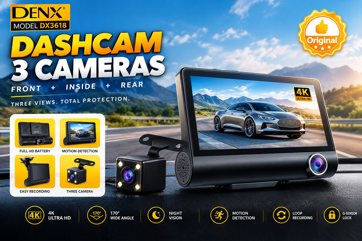 DENX WiFi 3-Channel Dashcam – Front, Rear & Interior Cameras
