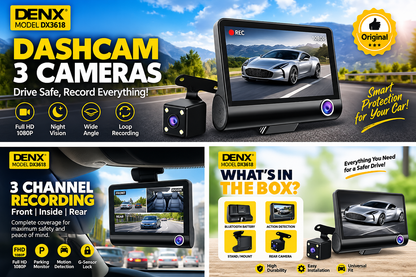 DENX WiFi 3-Channel Dashcam – Front, Rear & Interior Cameras